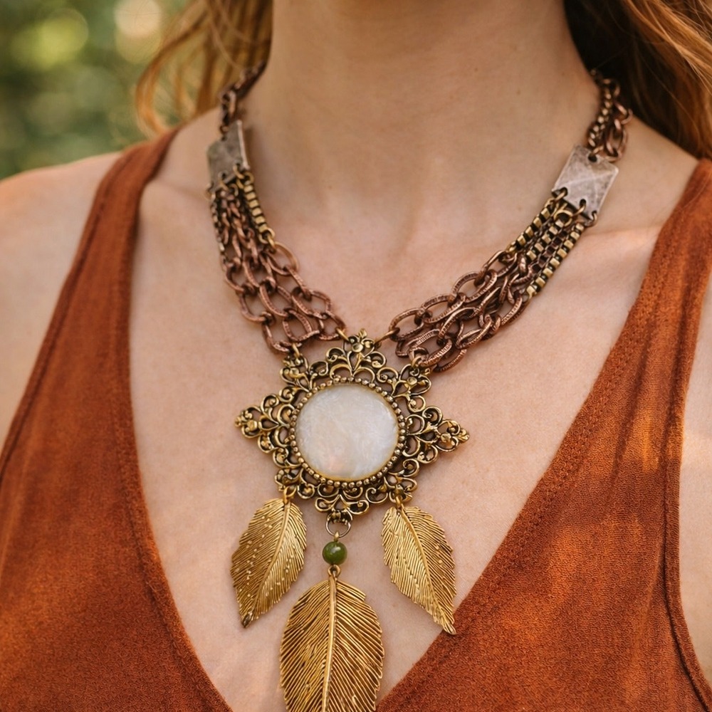 Bib Necklace Vintage Upcycled Brooch Gold Tone Leaf Dangle Boho Statement 18"